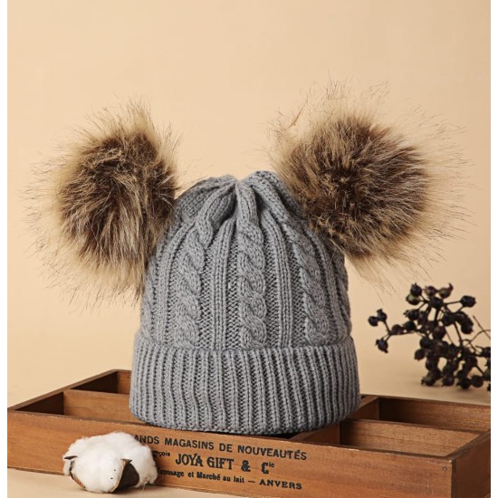 Knitted Beanie With Double Pompon - Grey Knitted Beanie With Double Pompon - Grey