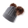 Knitted Beanie With Double Pompon - Grey