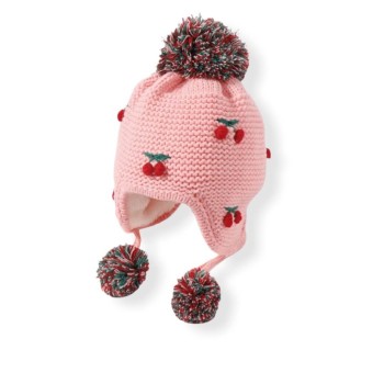 Knitted Beanie With Pompon & Fleece  - Pink