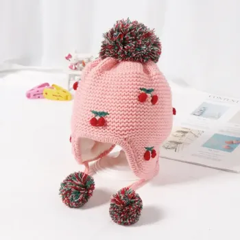 Knitted Beanie With Pompon & Fleece  - Pink