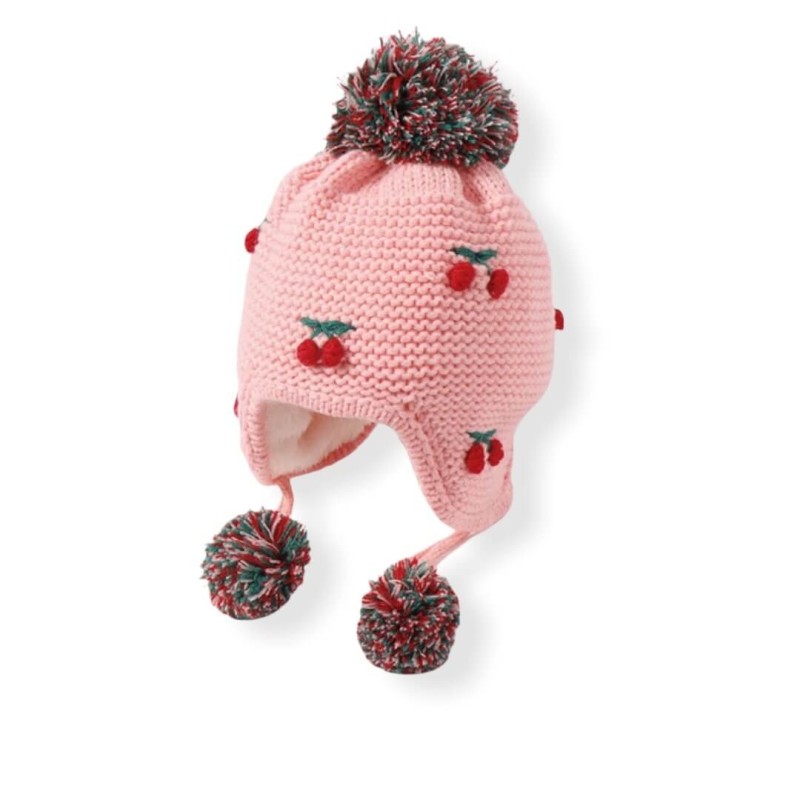 Knitted Beanie With Pompon & Fleece  - Pink