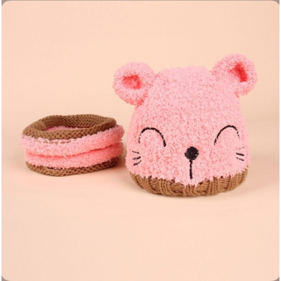 Knitted Hat & Scarf Set - Pink