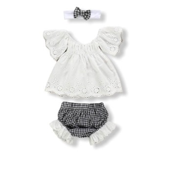 Lace Baby Girl Set - Check Black & White