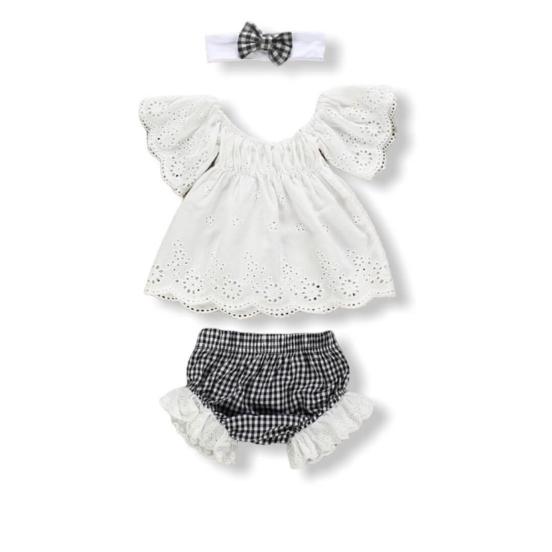 Lace Baby Girl Set - Check Black & White