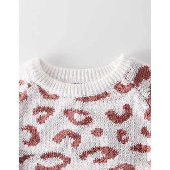 Leopard Knitted Jumpsuit Round Collar -White/Pink