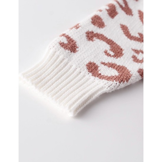 Leopard Knitted Jumpsuit Round Collar -White/Pink