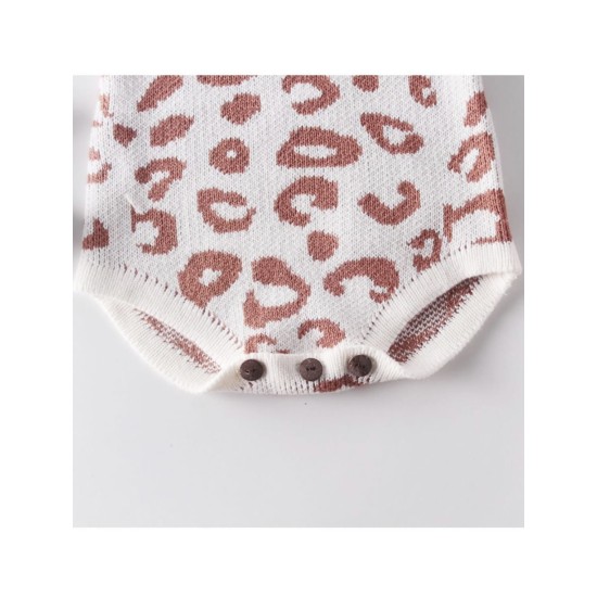 Leopard Knitted Jumpsuit Round Collar -White/Pink