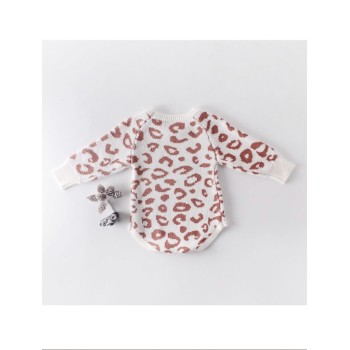 Leopard Knitted Jumpsuit Round Collar -White/Pink