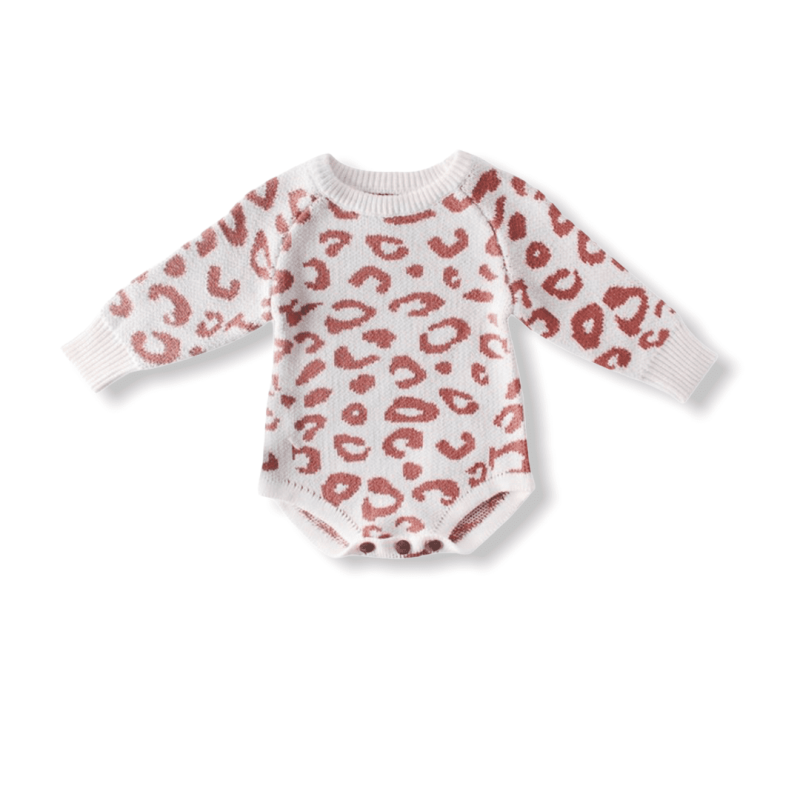 Leopard Knitted Jumpsuit Round Collar -White/Pink