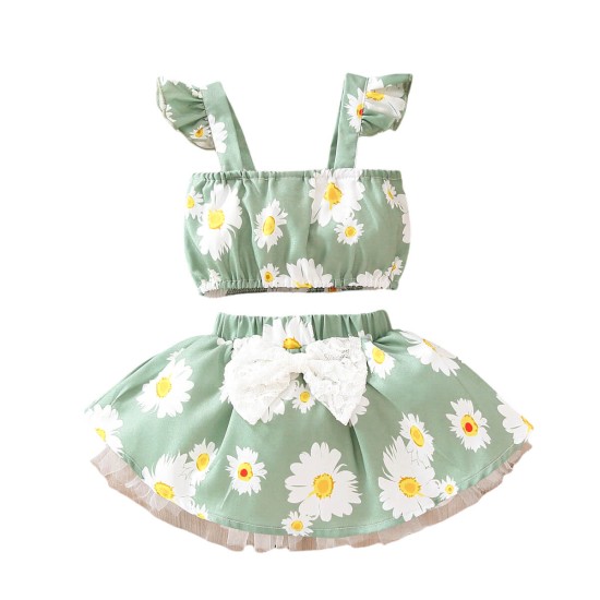 Baby Girl Daisy Floral Crop Top Bow Skirt - Green Baby Girl Daisy Floral Crop Top Bow Skirt - Green
