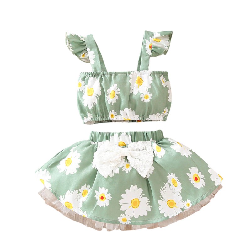 Baby Girl Daisy Floral Crop Top Bow Skirt - Green