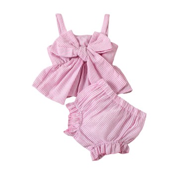Baby Girl Pinstriped Spaghetti Strap Bow Set - Pink