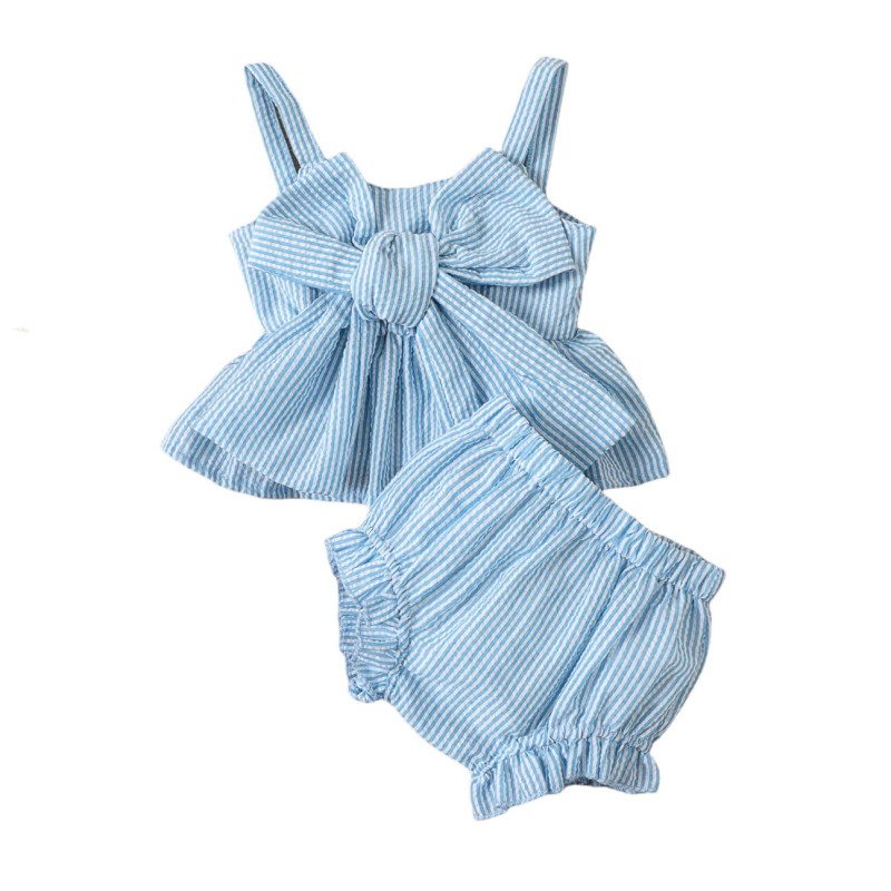 Baby Girl Pinstriped Spaghetti Strap Bow Set - L.Blue