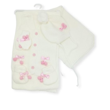 Baby Set - Blanket-Jacket-Beannie-Gloves-Socks - White/Pink