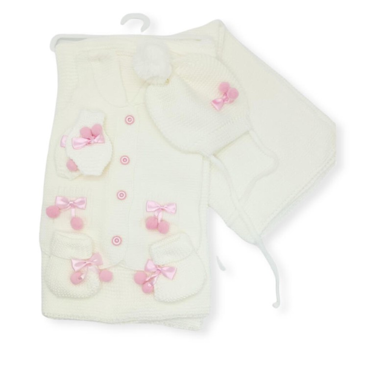 Baby Set - Blanket-Jacket-Beannie-Gloves-Socks - White/Pink