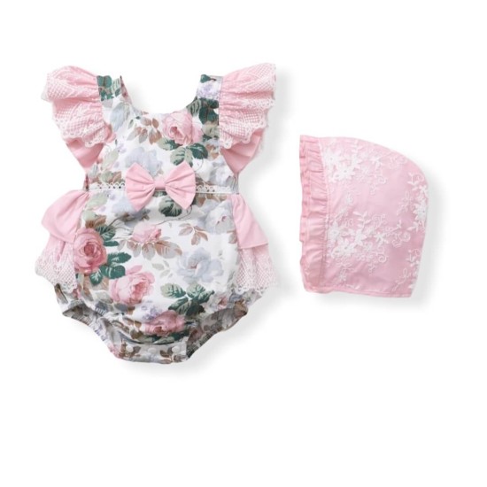 Baby Sleeveless Lace Floral Ruffle Jumpsuit - Pink Baby Sleeveless Lace Floral Ruffle Jumpsuit - Pink