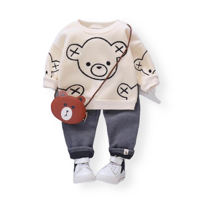 Baby Boy Fleece Bear Set - Ivory/Grey