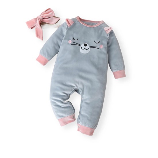 Baby Girl Velvet Jumpsuit - Grey Baby Girl Velvet Jumpsuit - Grey