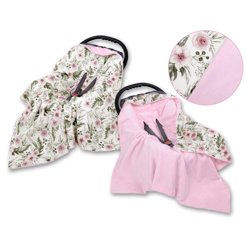 Double-sided car seat blanket for babies - peony flower pink