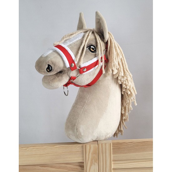 The adjustable halter for Hobby Horse A3 - red with white furry The adjustable halter for Hobby Horse A3 - red with white furry