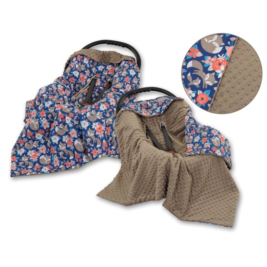 Double-sided car seat blanket - fox family on blue/brown