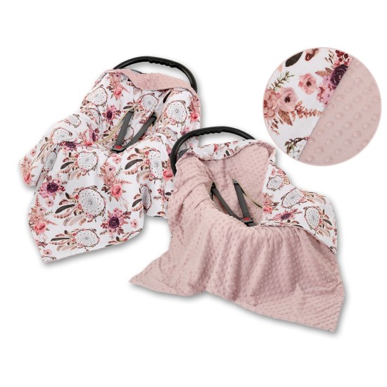 Double-sided car seat blanket - flower dream catchers/pastel pink