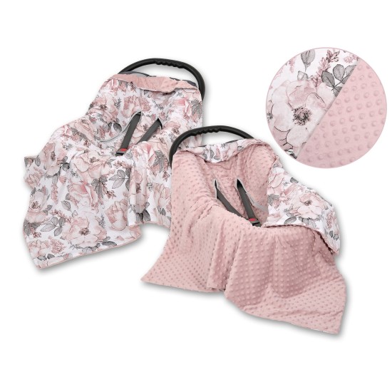 Double-sided car seat blanket for babies - sepia roses/pastel pink