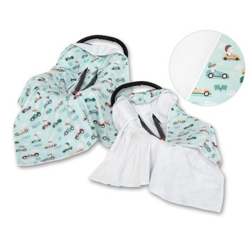 Double-sided car seat blanket for babies - mint rabbits/white