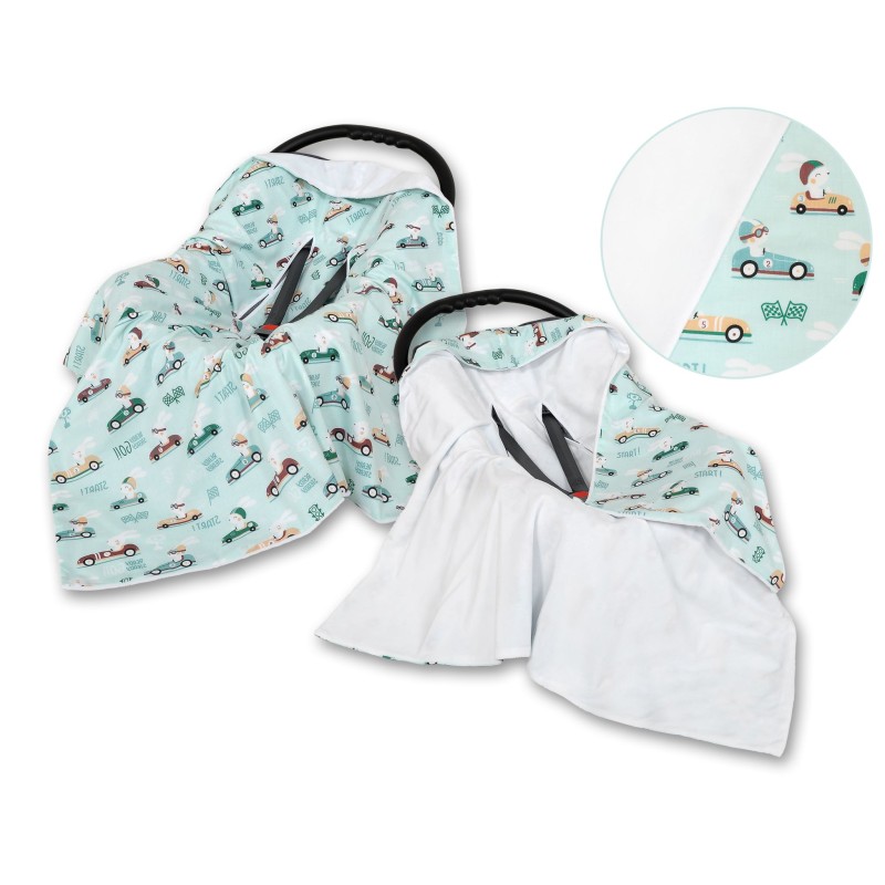 Double-sided car seat blanket - mint rabbits/white