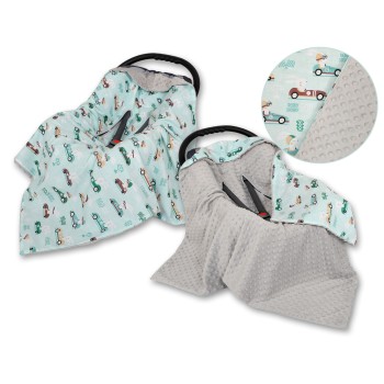 Double-sided car seat blanket for babies - mint rabbits/grey