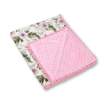Double-sided blanket minky with pompoms - peony flower pink