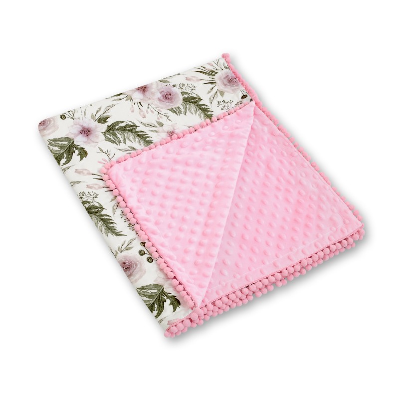 Double-sided blanket minky with pompoms - peony flower pink