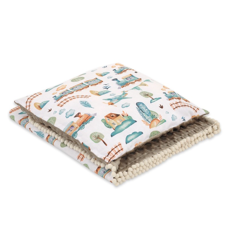 Set: Double-sided blanket minky + pillow- turquoise train