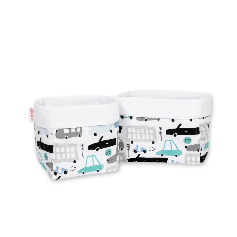 Set of 2 storage baskets - gray and turquoise cars