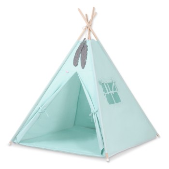 Teepees tent for kids +play mat + decorative feathers - mint
