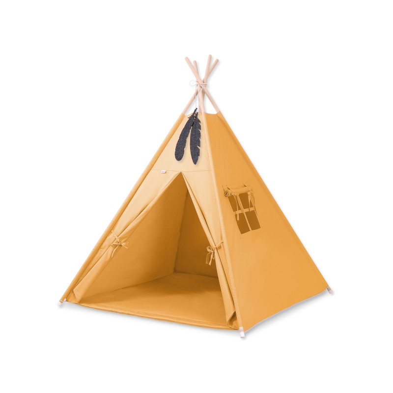 Teepee tent for kids +play mat + decorative feathers - honey yellow