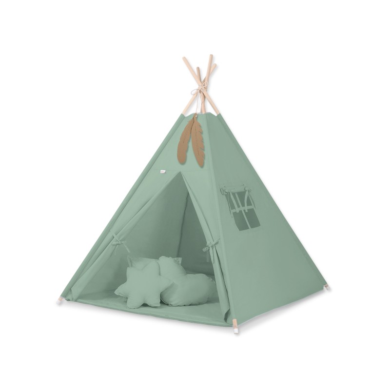 Παιδική Σκηνή - Teepee + Χαλάκι + Μαξιλάρια + Διακοσμητικά Φτερά - pastel green