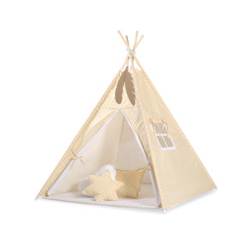 Teepee tent for kids + decorative feathers - White dots on beige
