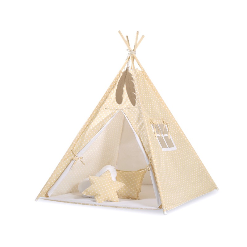 Teepee tent for kids for kids + decorative feathers - White dots on beige