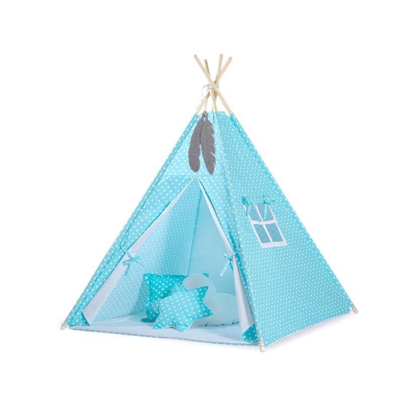 Teepee tent for kids for kids + decorative feathers - White dots on turquoise