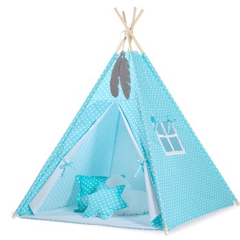 Teepees tent for kids +play mat + decorative feathers - White dots on turquoise