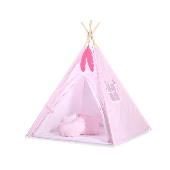 Παιδική Σκηνή - Teepee + Χαλάκι + Μαξιλάρια + Διακοσμητικά Φτερά - White dots on pink