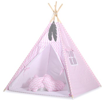 Teepee tent for kids + decorative feathers - Chevron pink