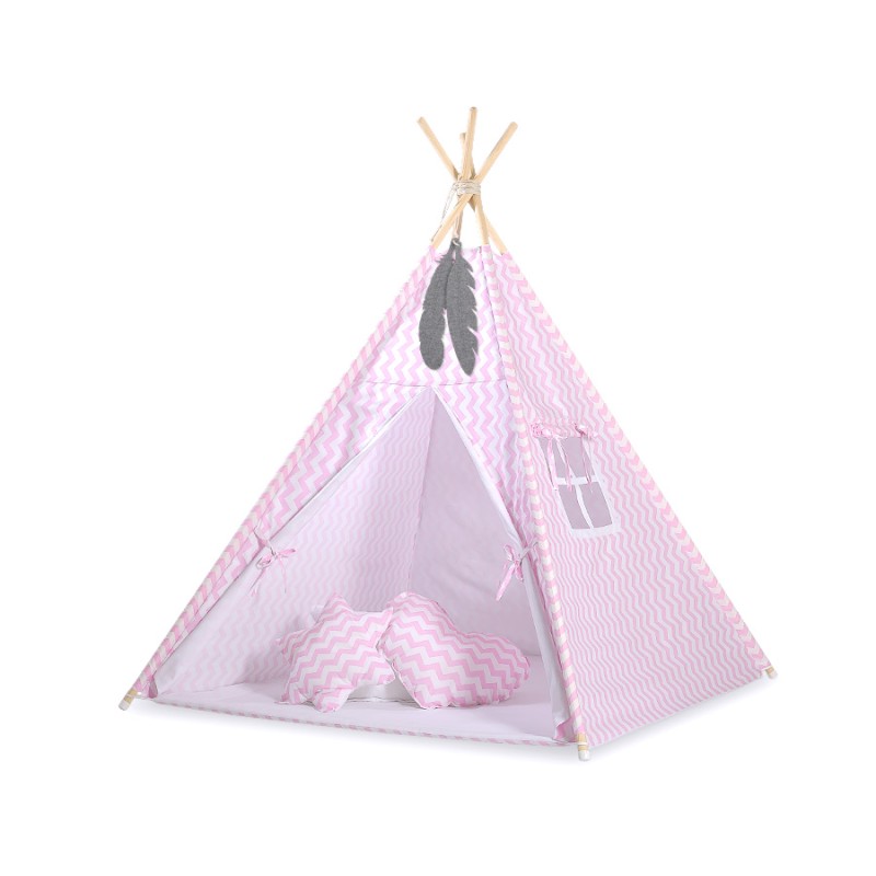 Teepees tent for kids +play mat + decorative feathers - Chevron pink
