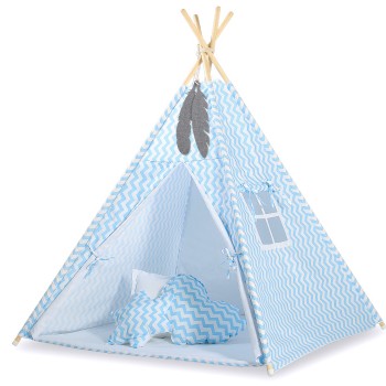 Teepees tent for kids +play mat + decorative feathers - Chevron blue