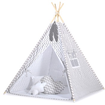 Teepee tent for kids +play mat + decorative feathers - Chevron grey
