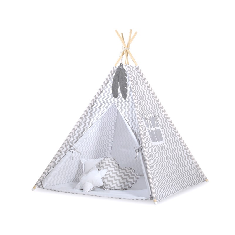 Teepee tent for kids +play mat + decorative feathers - Chevron grey
