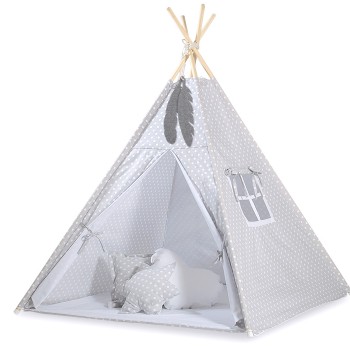 Teepees tent for kids +play mat + decorative feathers - White dots on grey