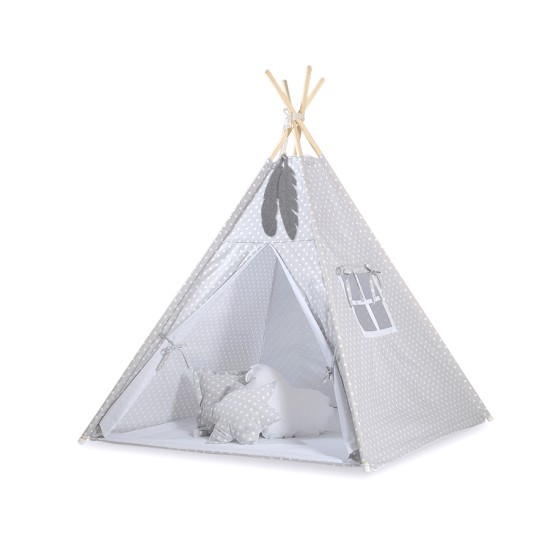 Παιδική Σκηνή - Teepee + Χαλάκι + Μαξιλάρια + Διακοσμητικά Φτερά - White dots on grey