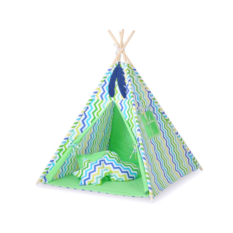 Teepee tent for kids + decorative feathers - Chevron green-blue